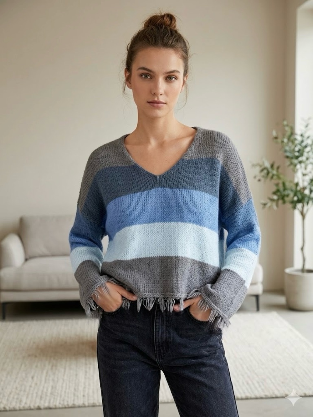 Anthropologie Wooden Ships Kaia V-neck Fringe Sweater in Twilight Stripe